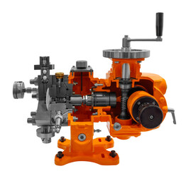 A large orange and silver electric high pressure pump machine repair isolated on white transparent background