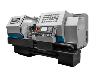 Manufacturing professional lathe machine. Industrial concept. Programmable modern cnc digital lathe with digital program control, turret type blade holder isolated on white transparent background