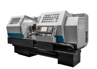 Manufacturing professional lathe machine. Industrial concept. Programmable modern cnc digital lathe with digital program control, turret type blade holder isolated on white transparent background