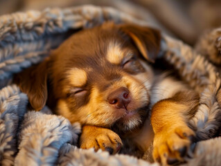 A small puppy sleeping in a blanket.