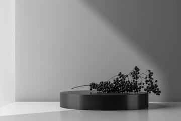 Minimalist matte black podium with a bunch of elderberries, perfect for sophisticated, premium branding