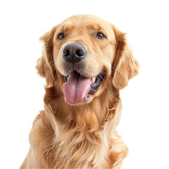 A golden retriever dog happily seated against a plain white backdrop, a joyful Golden Retriever dog on a transparent background