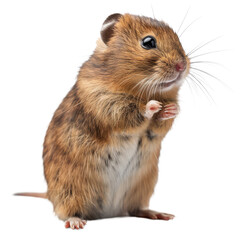 A hamster is upright on a plain white surface, a lemming isolated on transparent background