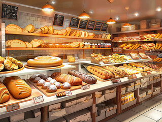 Warm and inviting bakery interior showcasing an abundant selection of freshly baked breads, bagels, and pastries on wooden shelves..