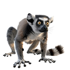 A ring-tailed lemur stands on a plain Png background, showcasing its distinctive black and white striped tail, a lemur isolated on transparent background
