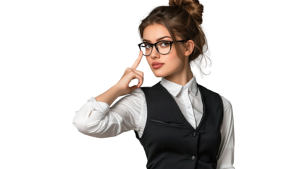 dreamy cute lady clerk dressed black vest eyewear looking showing arm. Transparent, isolated on white.