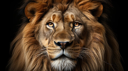 Fototapeta premium Portrait of majestic lion with intense gaze on black background. Generative ai