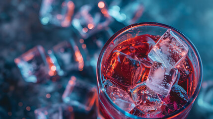 Red cocktail close up with ice cubes and water drops
