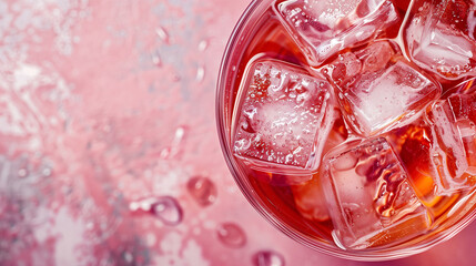 Red cocktail close up with ice cubes and water drops