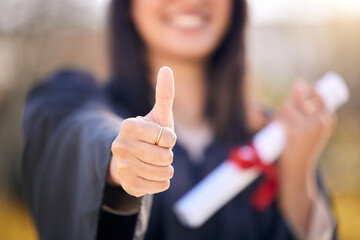 Thumbs up, diploma and woman outdoor for graduation with celebration, scholarship and winner for...