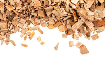 Pile of wood chips for flavoring barbecue and grilled foods isolated on a white background, view...