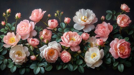 A vintage-inspired header adorned with a profusion of pink peonies and white roses, each petal delicately rendered against a timeless black background,  8k clarity