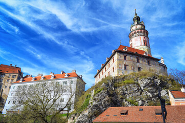 Cesky Krumlov historic center, view of medieval castle. Bohemia, Czech Republic 