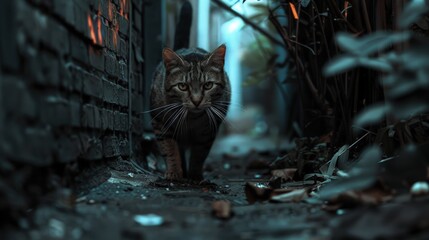  A cat hunting in the shadows of an alley, urban wildlife surviving.