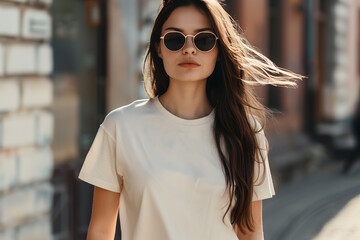 Young model girl shirt mockup, wearing cream color t-shirt, in the middle of the street at noon