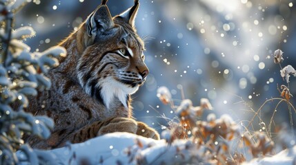 A lynx perched silently in a snowy habitat, keen eyes on the lookout.