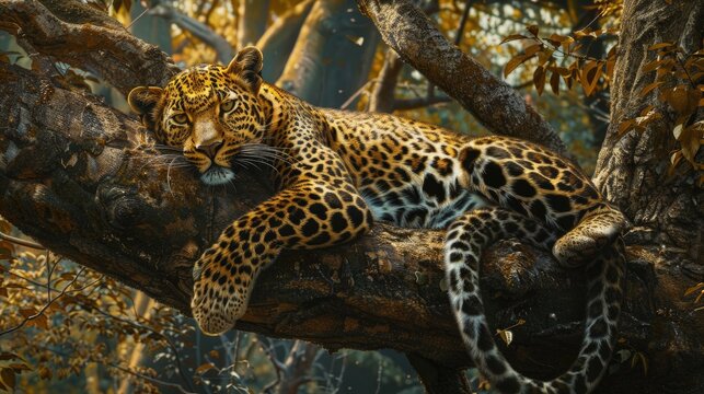  A leopard lounging in a tree, eyes watchful and tail twitching.