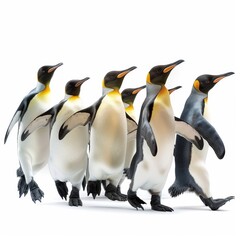 Fototapeta premium Group of five king penguins walking together on a white background