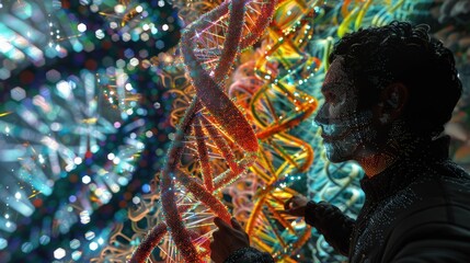  AI deciphering genetic mutations, digital DNA strands, critical research.
