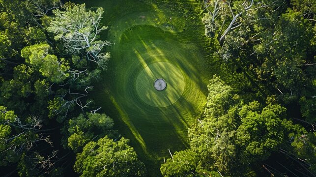  Aerial view of a disc golf basket on a lush course, game in play .