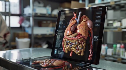  Animated anatomical tutorial on a tablet explaining the functions of the human liver.