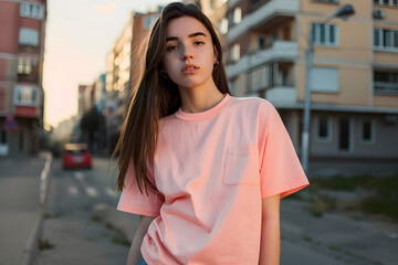 Young model girl shirt mockup, wearing peach fuzz color t-shirt, in the middle of the street at noon