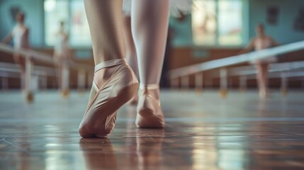  Ballet teacher correcting foot position, dance studio, barre.