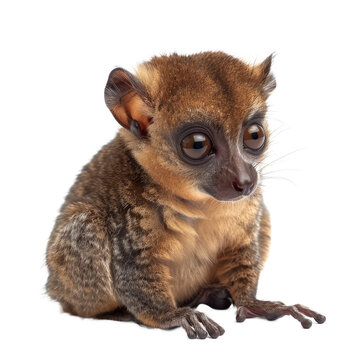 A small lemur is seated in front of a plain white backdrop, a mouse lemur isolated on transparent background