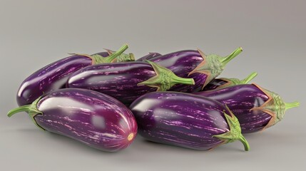  Bunch of vibrant purple eggplants, glossy texture.