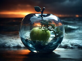 apple in a glass on a beach