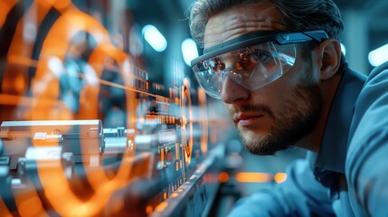 Quality Control Through Data A technician wearing augmented reality glasses analyzes a product on a conveyor belt