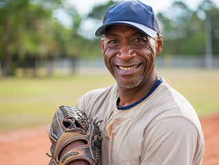 Headshot portrait of an older black man softball player. Looking at camera with a smile.