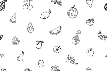 Seamless pattern of fruits and berries in doodle style. Pineapple, strawberry, papaya, avocado, orange, lemon, banana, apple, pear, watermelon, kiwi, cherry and other. Vector illustration. Hand dra