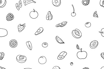 Seamless pattern of fruits and berries in doodle style. Strawberry, avocado, orange, peach, banana, apple, pear, kiwi, cherry and other. Vector illustration. Hand drawn