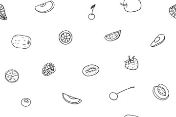Seamless pattern of fruits and berries in doodle style. Pineapple, strawberry, papaya, raspberry, avocado, orange, peach, lemon, banana, apple, pear, watermelon, cherry. Hand drawn