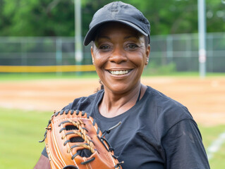 Headshot portrait of an attractive older black woman softball player. Looking at camera with a smile.