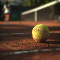 A simple photorealistic tennis ball on a court with a big game blurred in the background