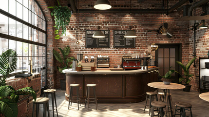 Cozy Cafe Vibes: Vintage-Inspired Coffee Shop with Exposed Brick Walls