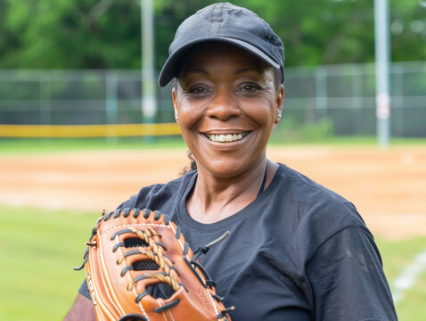 Headshot Portrait Of An Attractive Older Black Woman Softball Player. Looking At Camera With A Smile.