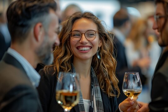 Executives networking, raising glasses in celebration. Professional networking event.