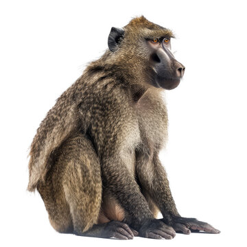 An olive baboon is seated in front of a plain white backdrop, a olive baboon isolated on transparent background