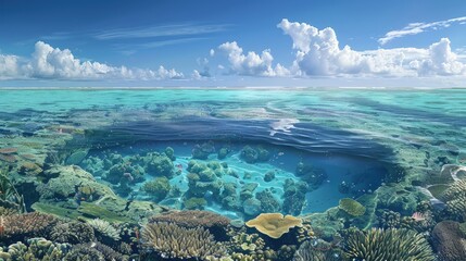 Fototapeta na wymiar Coral atoll, a ring-shaped reef supporting a myriad of marine species and bird life.