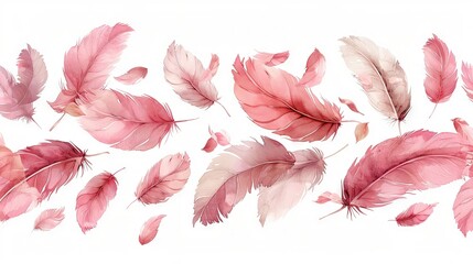   A sea of pink feathers dancing in a white sky against a pure white backdrop
