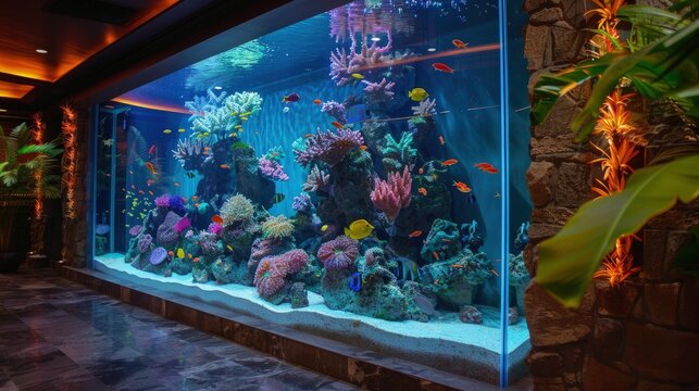  Custom aquarium setup for tropical fish, vibrant corals, clear water, meticulous care.