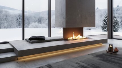 Fototapeta premium Contemporary living room with a sleek floating hearth fireplace overlooking a snowy landscape through large windows