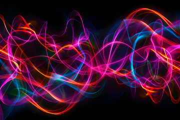Vibrant neon lines intertwining in a hypnotic dance. Abstract art on black background.