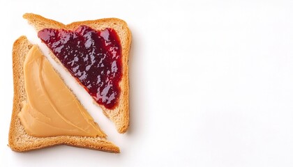 Peanut butter and jelly sandwich on bread or toast isolated on white background. Breakfast or lunch snack. Vegetarian food. American cuisine top view one slice cut diagonally with pbj and jam on each