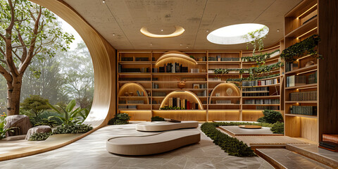 A library with bookshelves and plants.