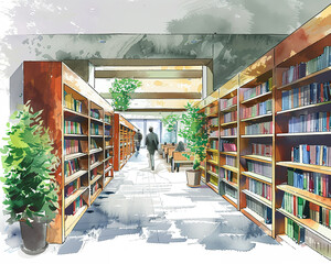 Vector 3D of a public library with bookshelves and readers,watercolor illustrations
