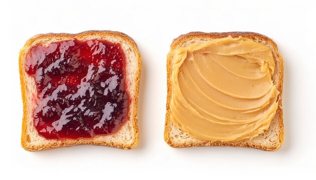 Peanut butter and jelly sandwich on bread or toast isolated on white background. Breakfast or lunch snack. Vegetarian food. American cuisine top view of two halves un cut with spread and jam on both